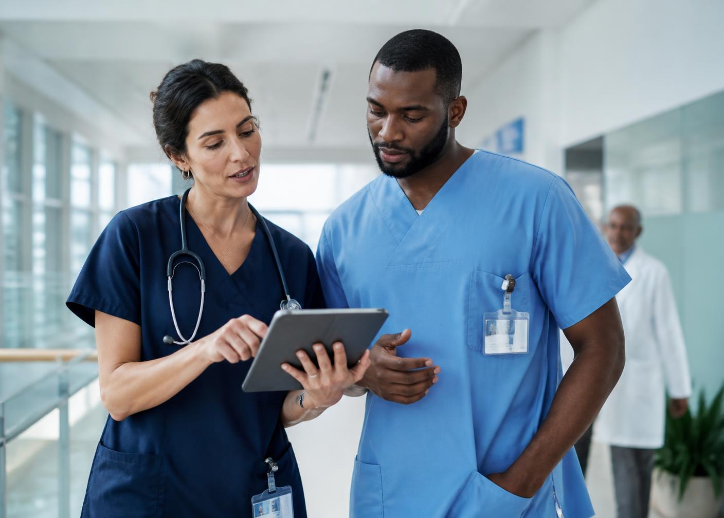 A physician and a nurse reviewing patient data together on a tablet