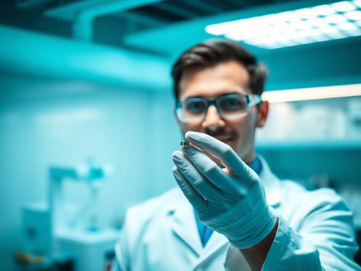 Researcher examining a small medical implant in a laboratory
