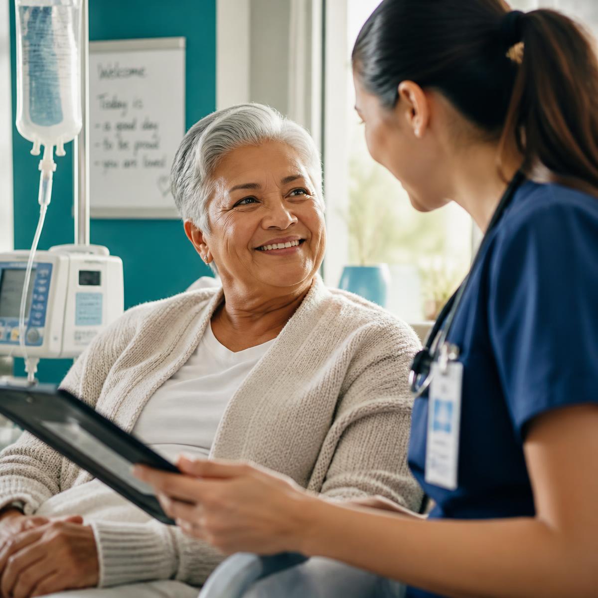 A nurse explaining treatment to a smiling older patient